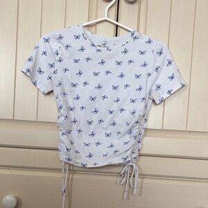 Hollister White and Blue Butterfly Print Crop Top